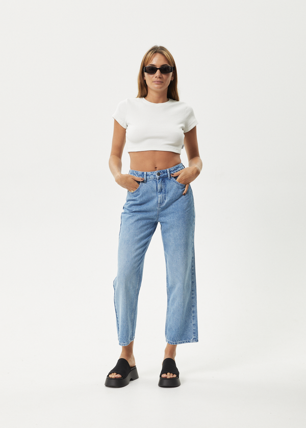 AFENDS Womens Shelby - Denim Cropped Straight Leg Jean - Worn Blue
