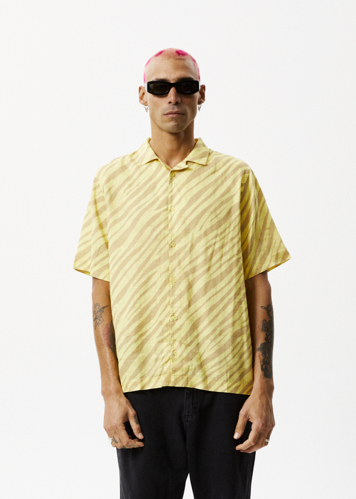 Afends Mens Atmosphere - Hemp Cuban Short Sleeve Shirt - Butter Stripe - Streetwear - Sustainable Fashion