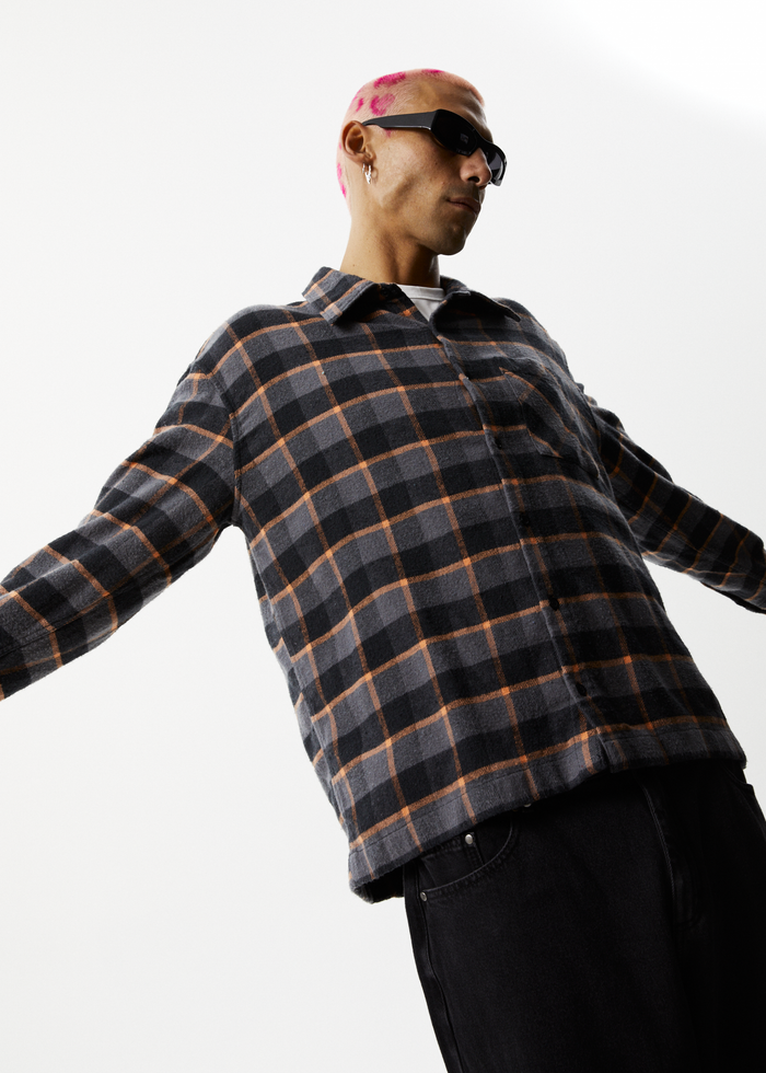 AFENDS Mens Flowerbed - Check Flannel Long Sleeve Shirt - Black - Streetwear - Sustainable Fashion