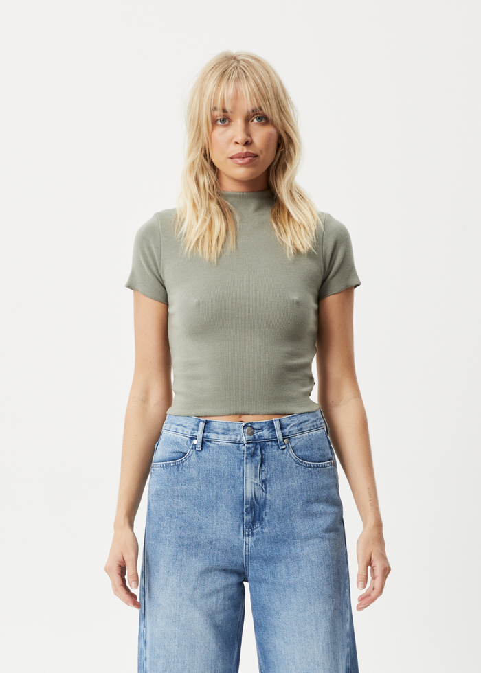 Afends Womens Iconic - Hemp Ribbed T-Shirt - Olive - Streetwear - Sustainable Fashion