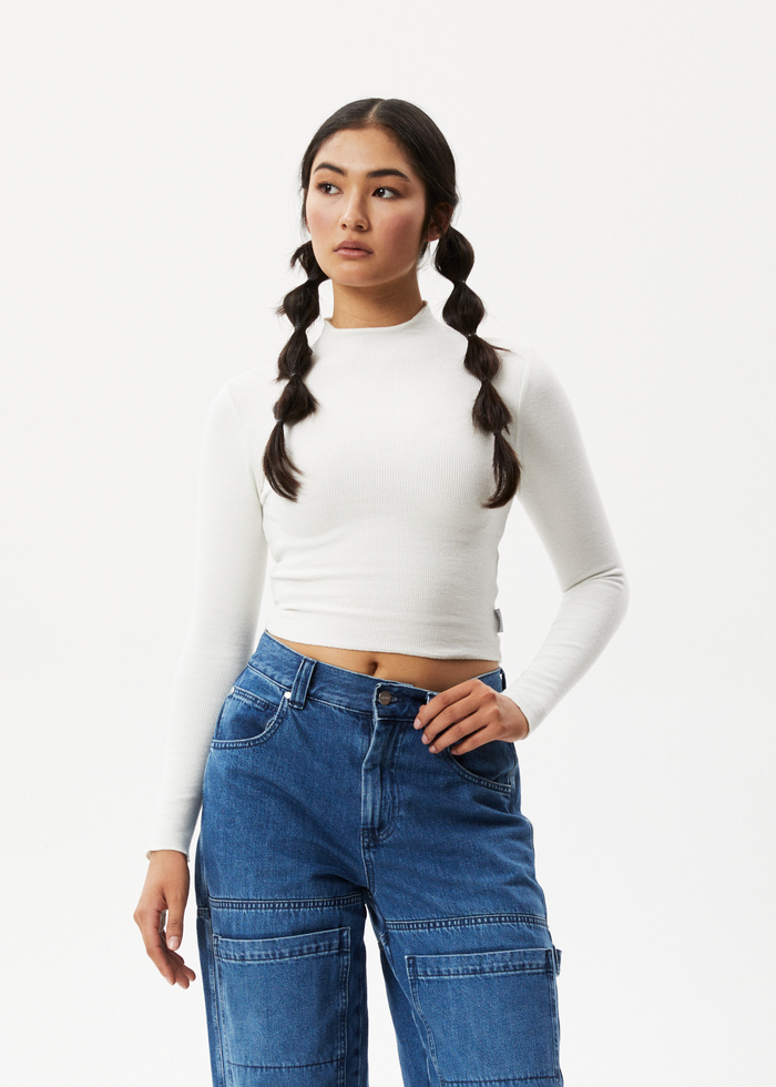 Afends Womens Iconic - Hemp Ribbed Long Sleeve Top - Off White - Streetwear - Sustainable Fashion