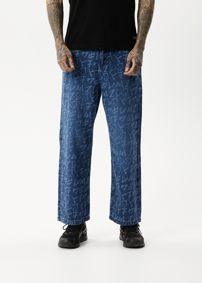 Afends Mens Tagged Pablo - Hemp Denim Baggy Jeans - Graffiti Blue - Streetwear - Sustainable Fashion