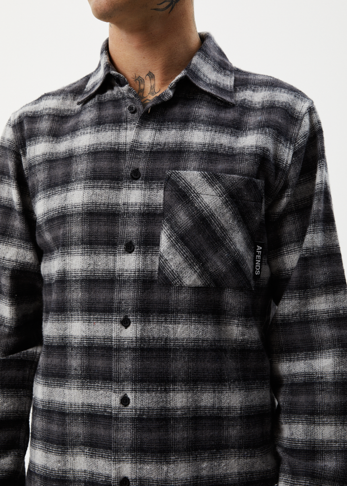 Afends Mens Nobody - Recycled Flannel Long Sleeve Shirt - Black - Streetwear - Sustainable Fashion
