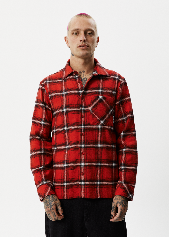 Afends Mens Nobody - Recycled Flannel Long Sleeve Shirt - Deep Red - Streetwear - Sustainable Fashion
