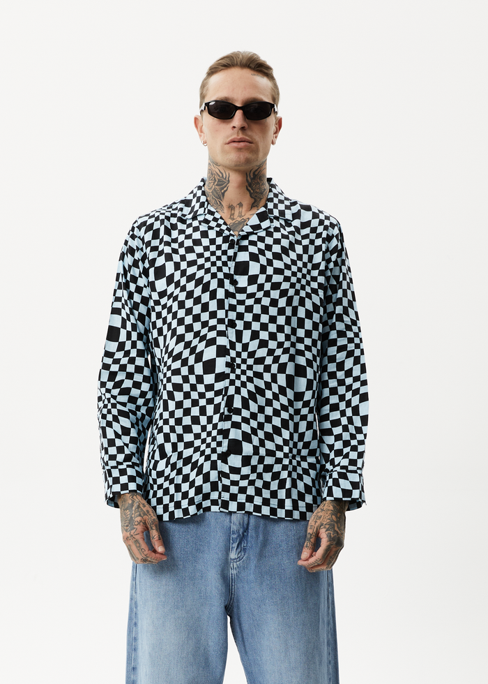 AFENDS Mens Void - Hemp Check Long Sleeve Shirt - Sky Blue - Streetwear - Sustainable Fashion