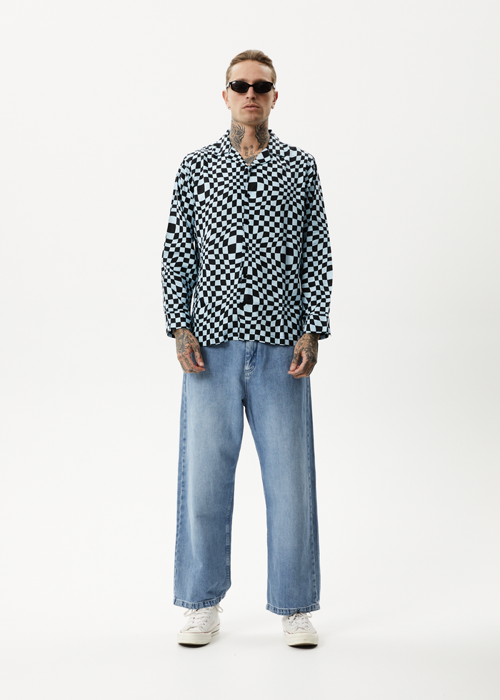 AFENDS Mens Void - Hemp Check Long Sleeve Shirt - Sky Blue - Streetwear - Sustainable Fashion