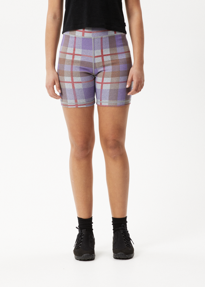 Afends Womens Colby - Hemp Check Ribbed Bike Shorts - Plum - Streetwear - Sustainable Fashion