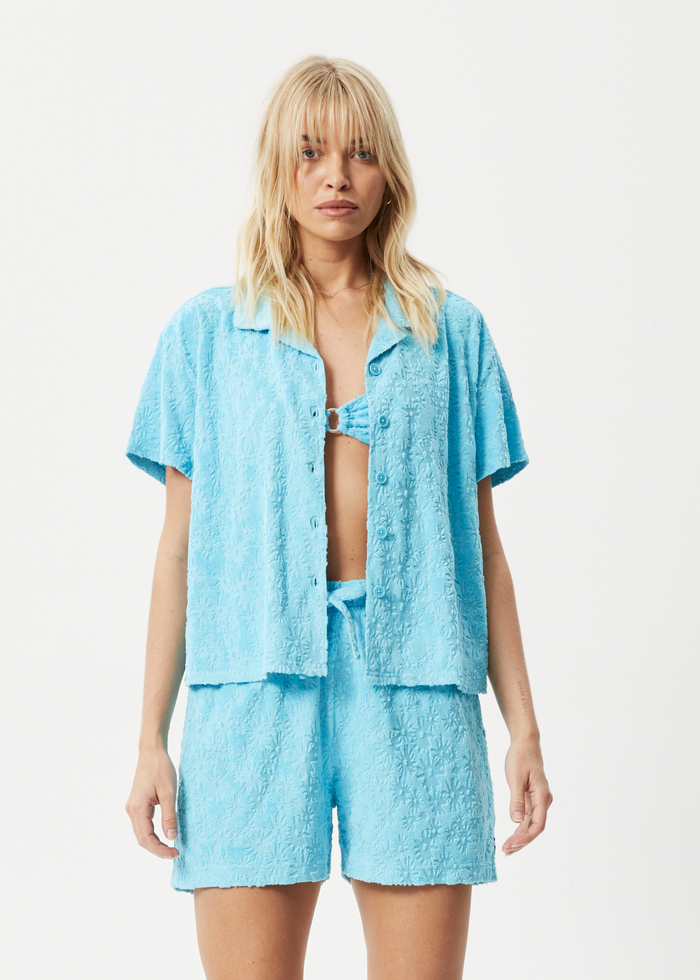 AFENDS Womens Moon - Hemp Terry Short Sleeve Shirt - Blue Daisy - Streetwear - Sustainable Fashion