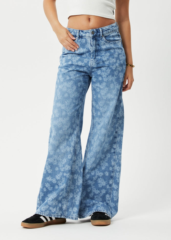 Afends Womens Fink Gigi - Hemp Denim Flared Jeans - Worn Blue Daisy - Streetwear - Sustainable Fashion