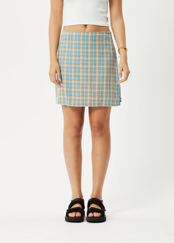 Afends Womens Millie - Hemp Mini Skirt - Tan Check - Streetwear - Sustainable Fashion