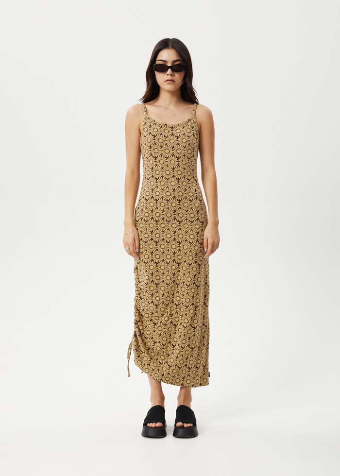 Afends Womens Daisy - Gathered Floral Maxi Dress - Toffee - Streetwear - Sustainable Fashion