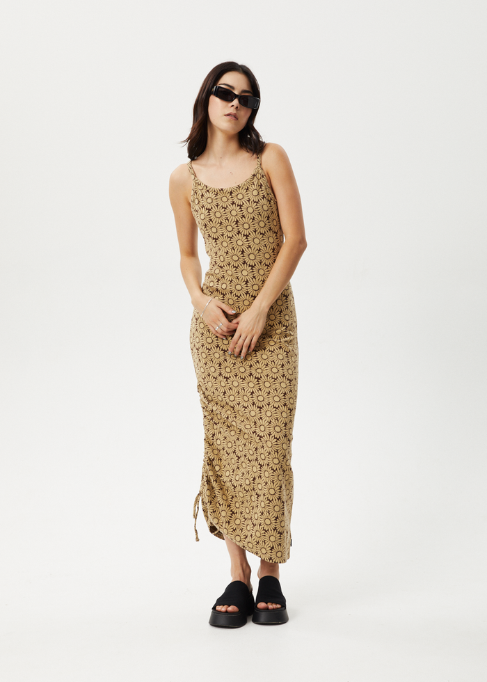 Afends Womens Daisy - Gathered Floral Maxi Dress - Toffee - Streetwear - Sustainable Fashion