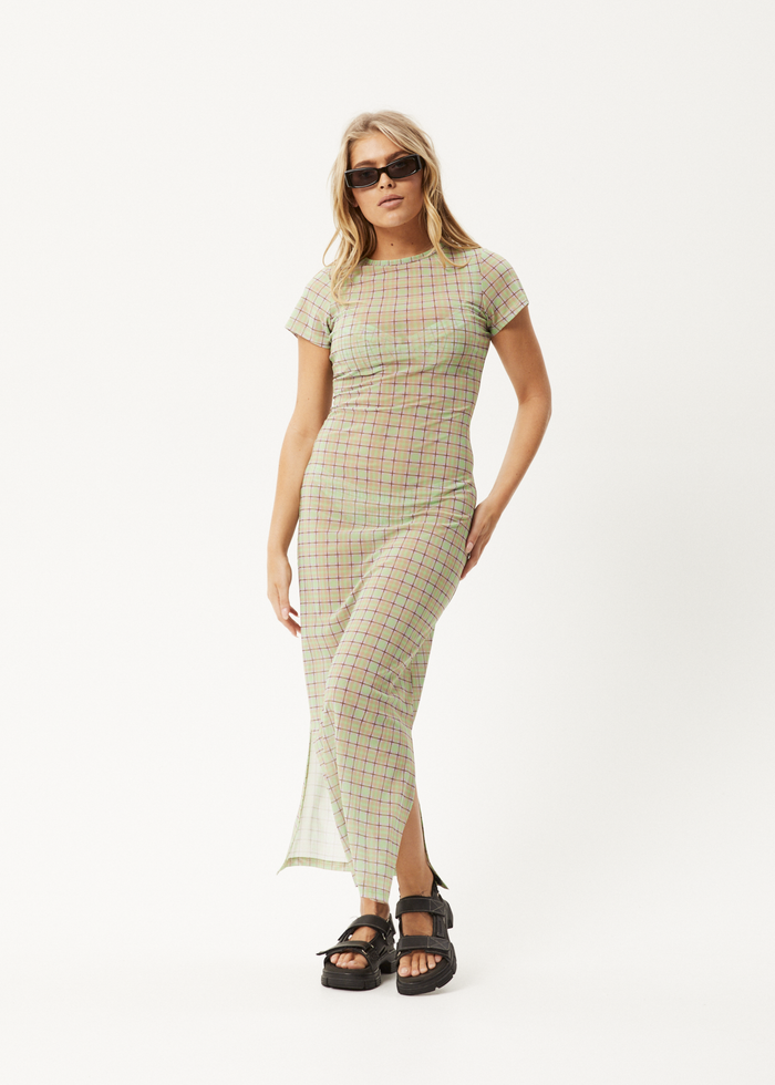 Afends Womens Kali - Sheer Maxi Dress - Pistachio Check - Streetwear - Sustainable Fashion