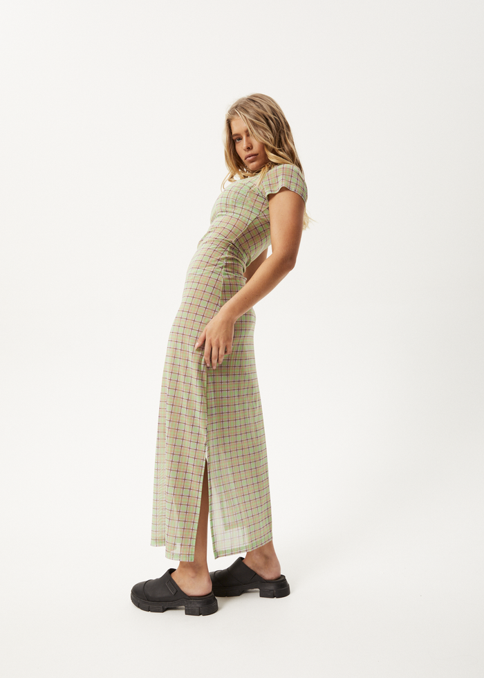 Afends Womens Kali - Sheer Maxi Dress - Pistachio Check - Streetwear - Sustainable Fashion