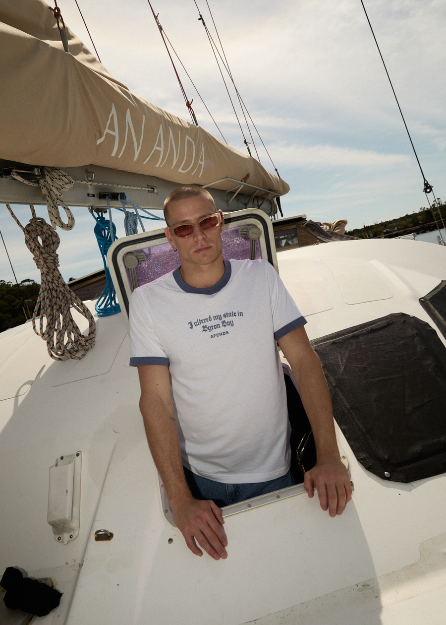 AFENDS Mens Byron Trip - Ringer Tee - White