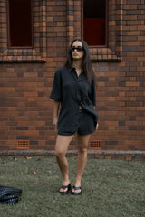 AFENDS Mens Dusk - Seersucker Check Shirt - Black Check - Afends womens dusk   seersucker boxer short   black check