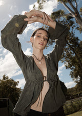 AFENDS Womens Grace - Cupro Tie Blouse - Deep Green - Afends womens grace   cupro tie blouse   deep green