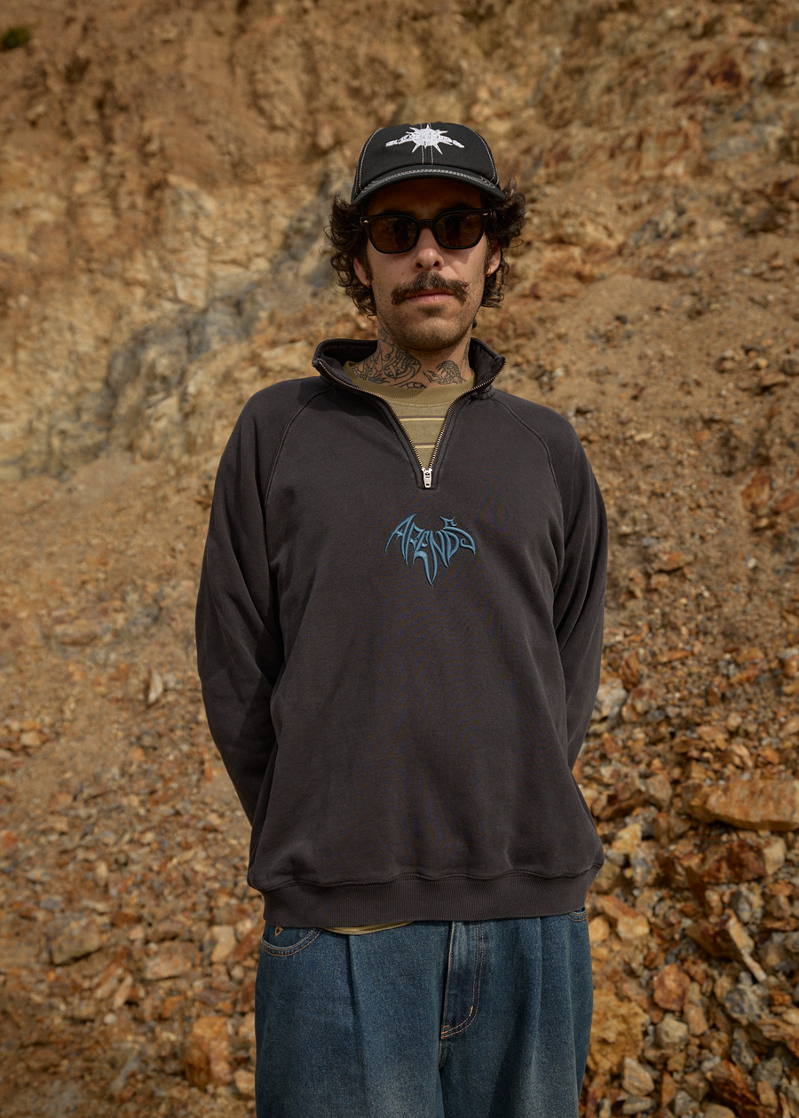 AFENDS Mens Bats - Raglan Quarter Zip Crew - Stone Black