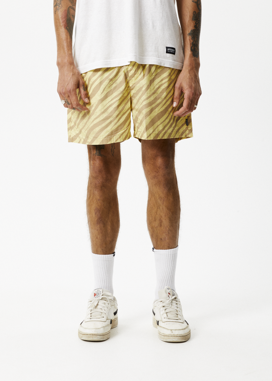 AFENDS Mens Baywatch Atmosphere - Elastic Waist Short - Butter Stripe
