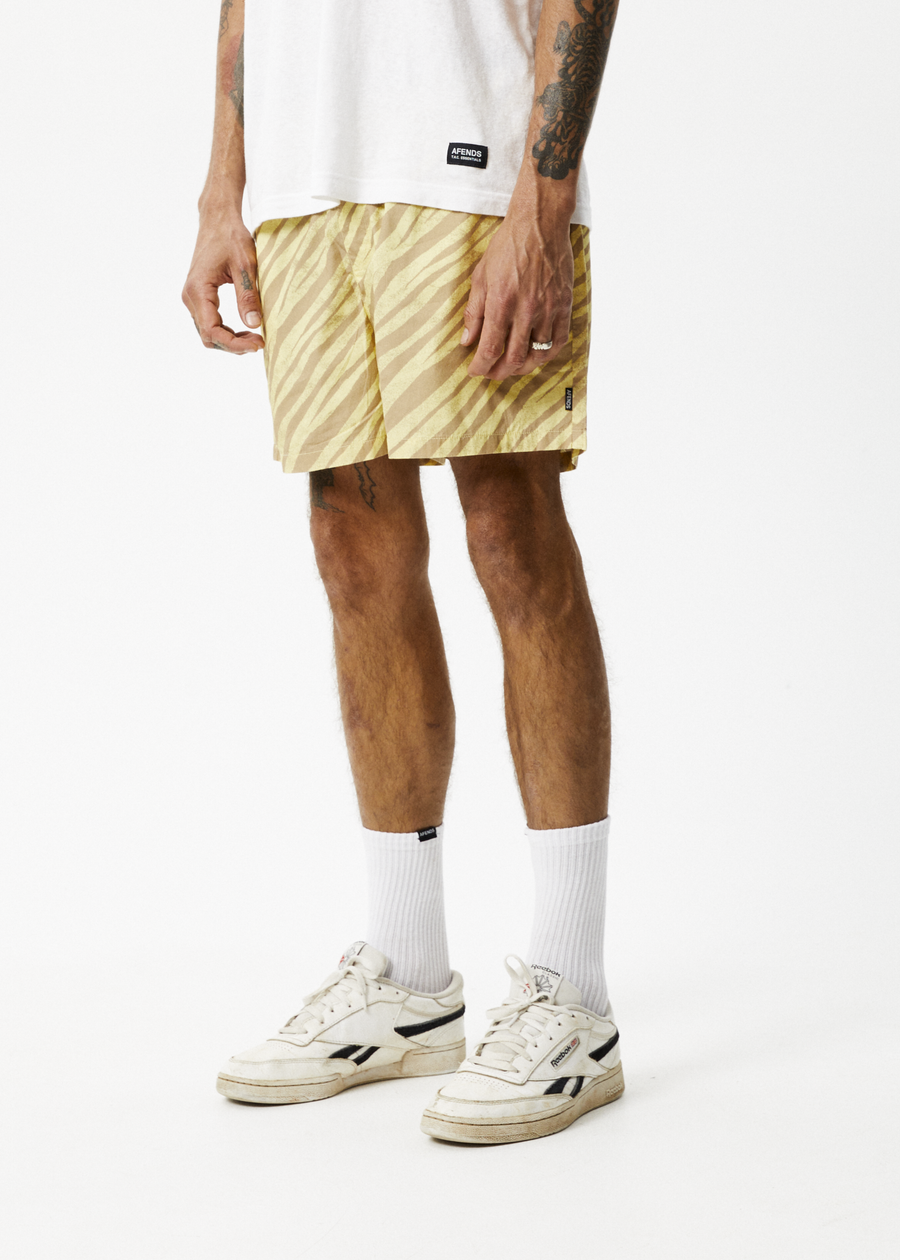 AFENDS Mens Baywatch Atmosphere - Elastic Waist Short - Butter Stripe