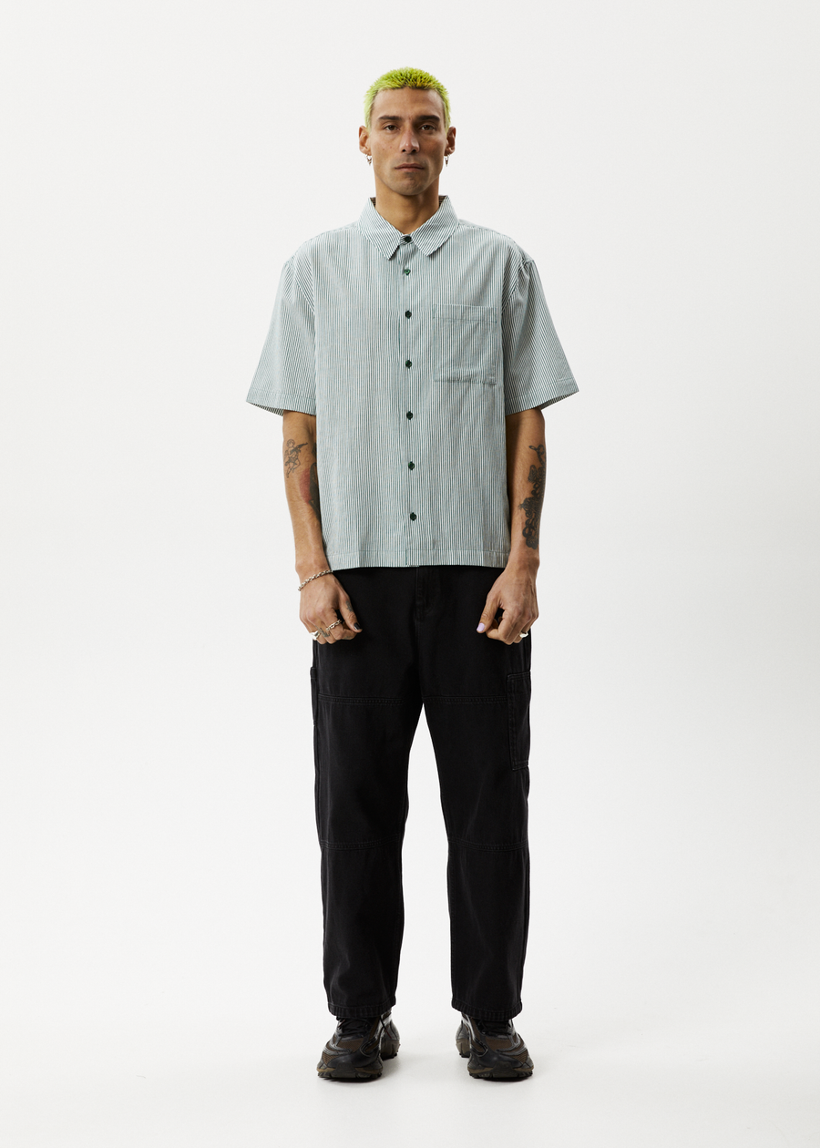 AFENDS Mens Intergalactic - Short Sleeve Shirt - Emerald Stripe 