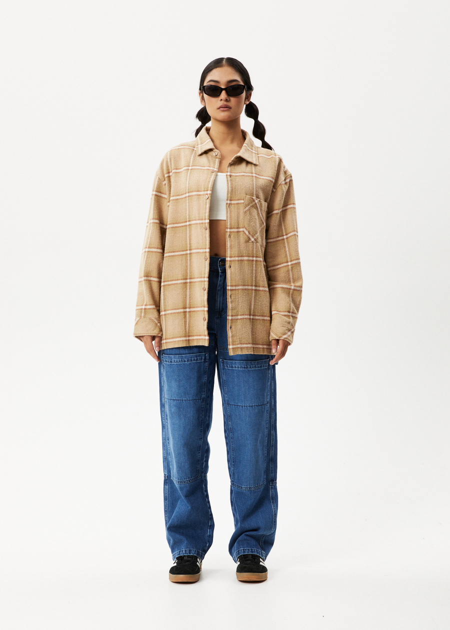 AFENDS Mens Sandstorm - Flannel Long Sleeve Shirt - Camel Check 