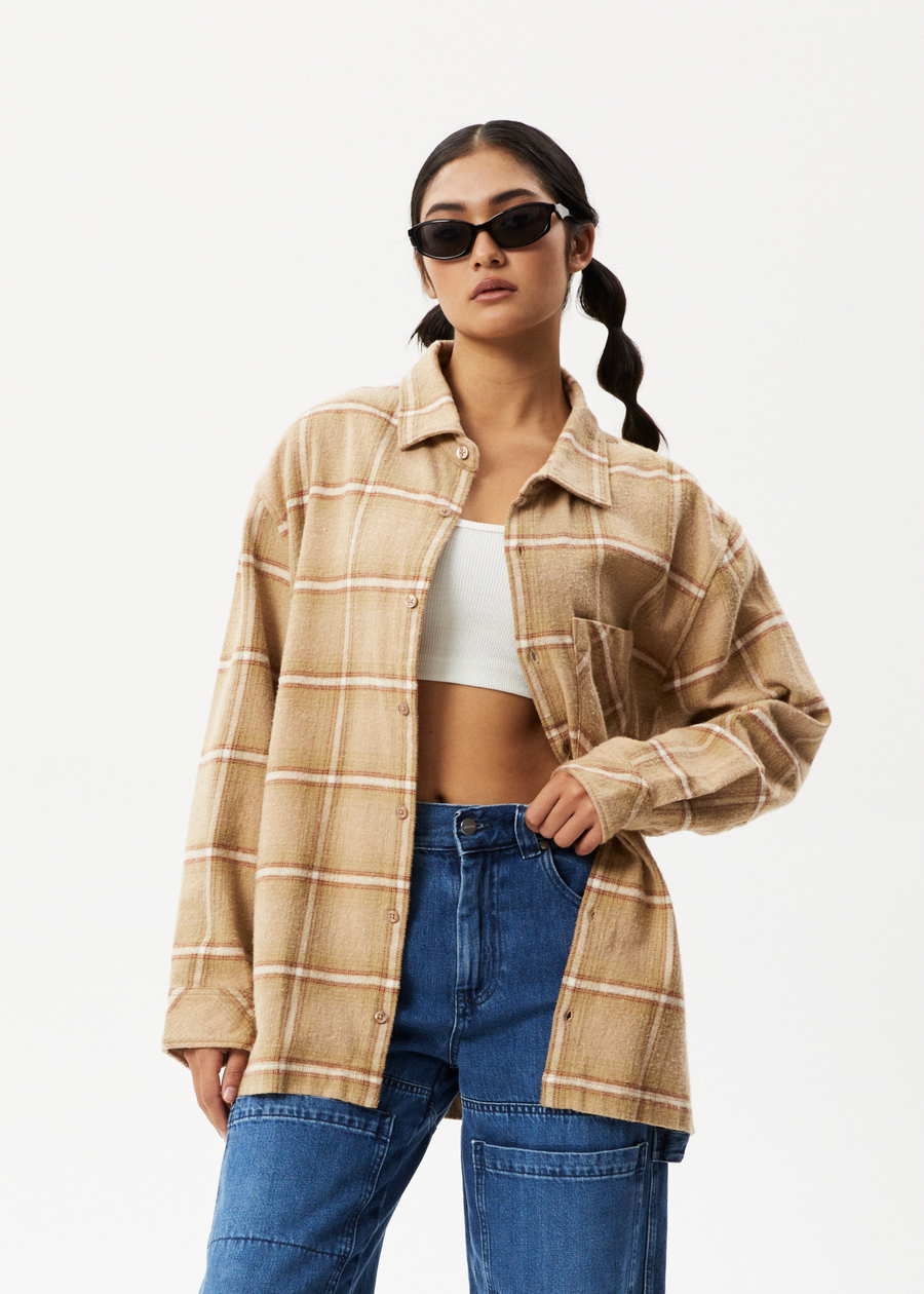 AFENDS Mens Sandstorm - Flannel Long Sleeve Shirt - Camel Check 