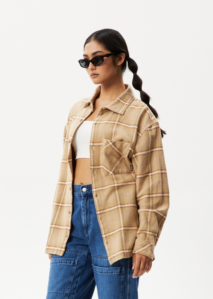 AFENDS Mens Sandstorm - Flannel Long Sleeve Shirt - Camel Check 
