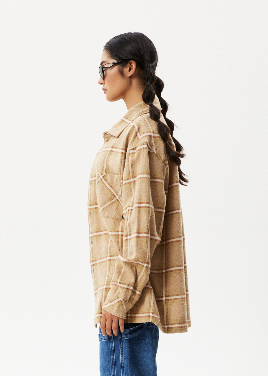AFENDS Mens Sandstorm - Flannel Long Sleeve Shirt - Camel Check 