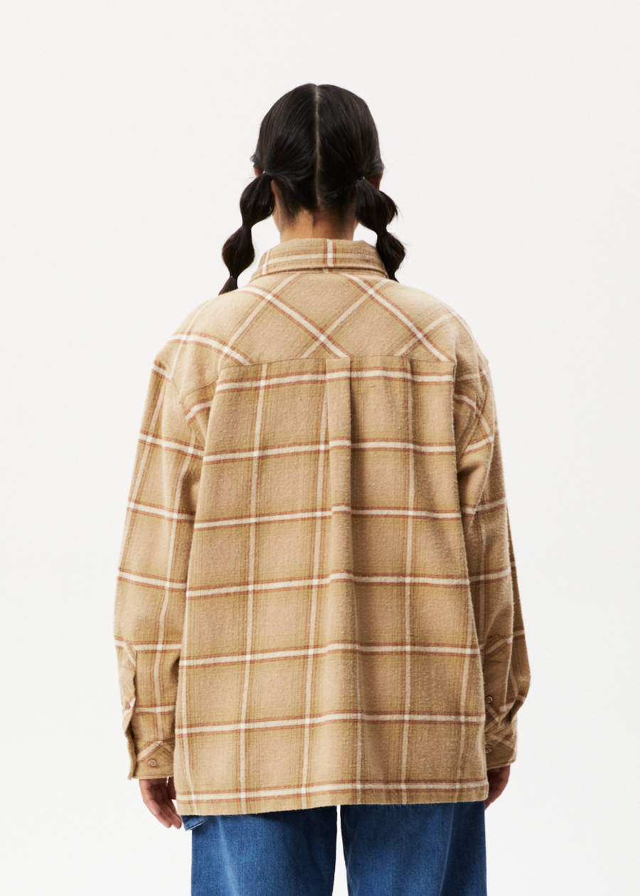 AFENDS Mens Sandstorm - Flannel Long Sleeve Shirt - Camel Check 