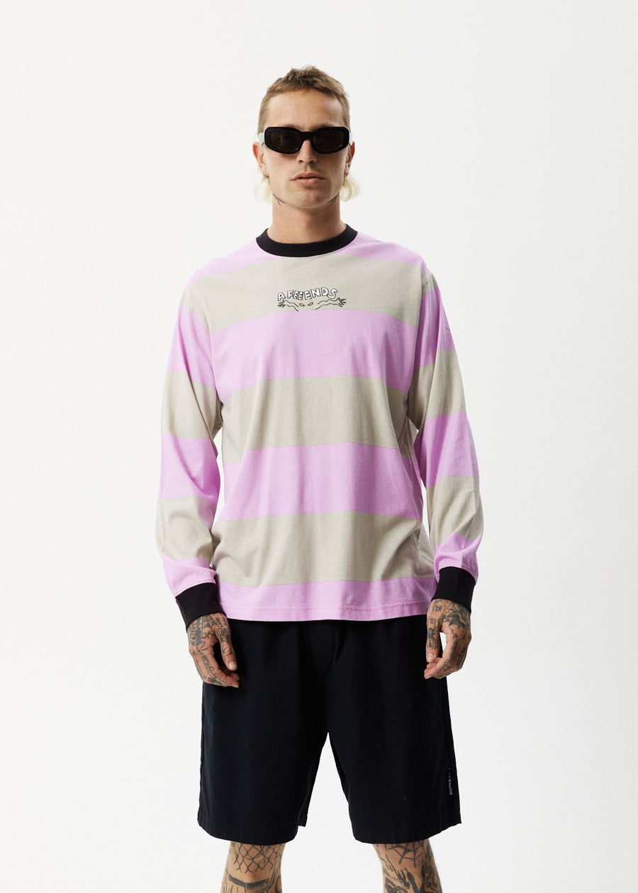 AFENDS Mens Space - Striped Long Sleeve Logo Tee - Candy Stripe