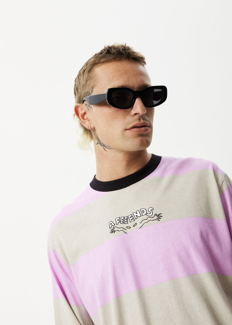 AFENDS Mens Space - Striped Long Sleeve Logo Tee - Candy Stripe