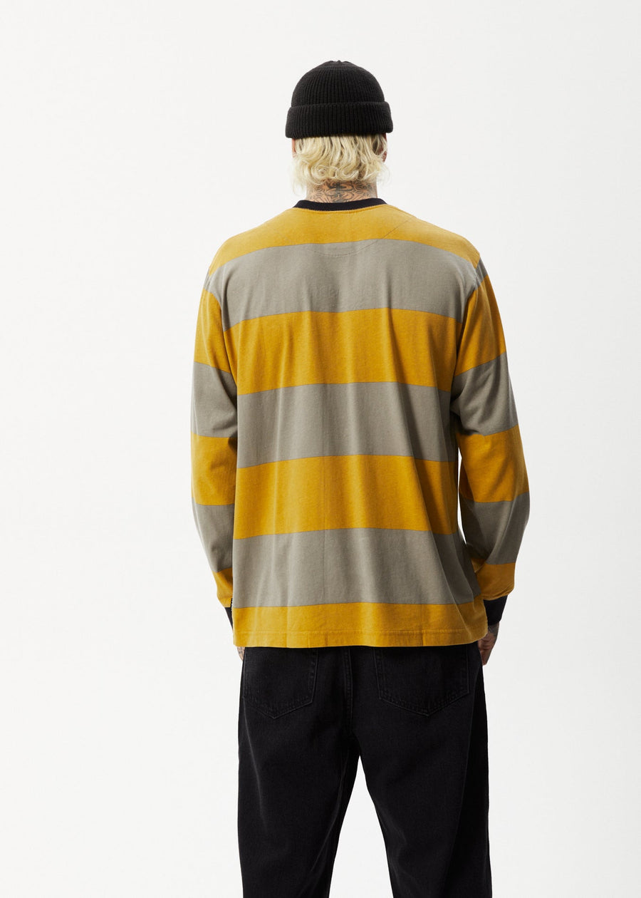 AFENDS Mens Space - Striped Long Sleeve Logo Tee - Mustard Stripe