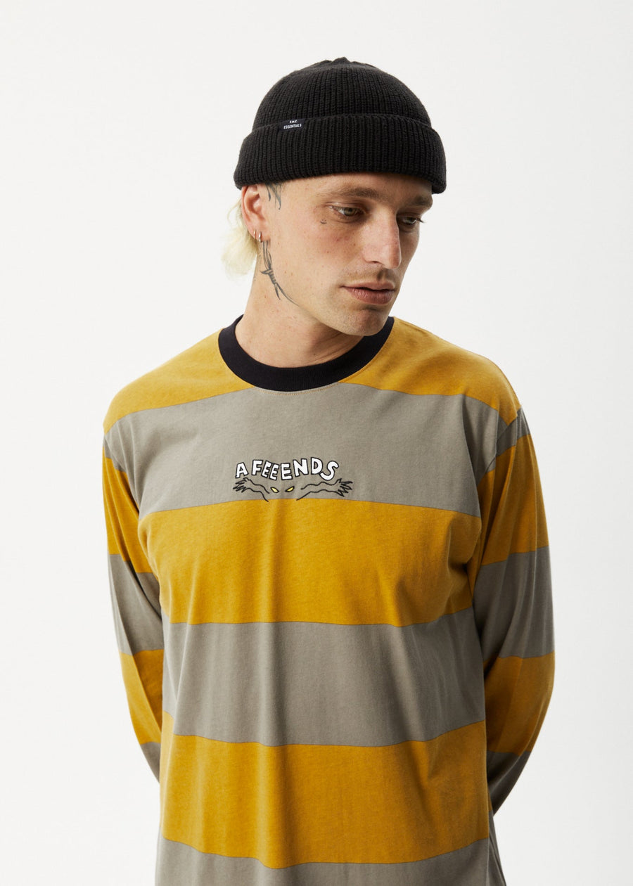 AFENDS Mens Space - Striped Long Sleeve Logo Tee - Mustard Stripe