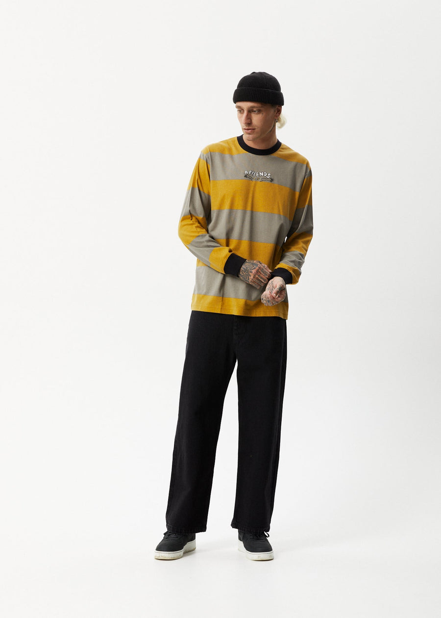 AFENDS Mens Space - Striped Long Sleeve Logo Tee - Mustard Stripe