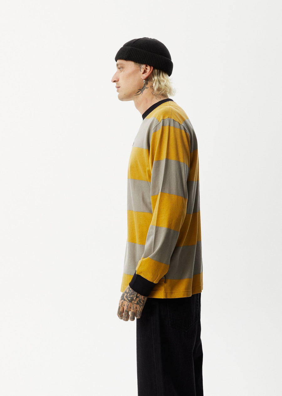AFENDS Mens Space - Striped Long Sleeve Logo Tee - Mustard Stripe