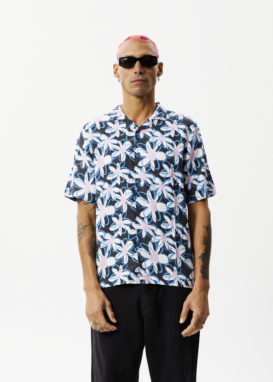AFENDS Mens Waterfall - Cuban Short Sleeve Shirt - Stone Black 