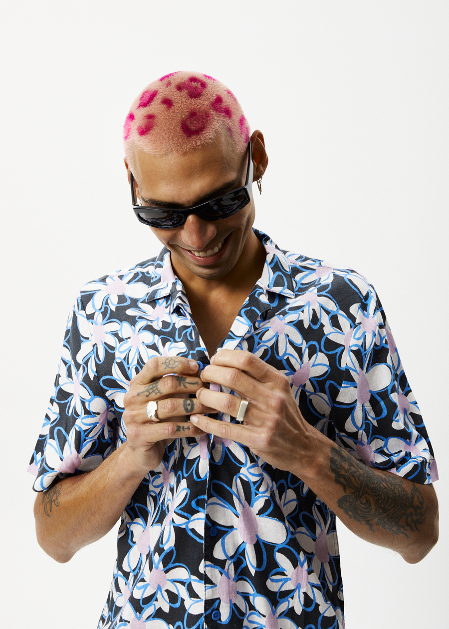 AFENDS Mens Waterfall - Cuban Short Sleeve Shirt - Stone Black 