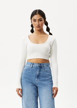 AFENDS Womens Milla - Rib Long Sleeve Cropped Top - Off White - Afends womens milla   rib long sleeve cropped top   off white