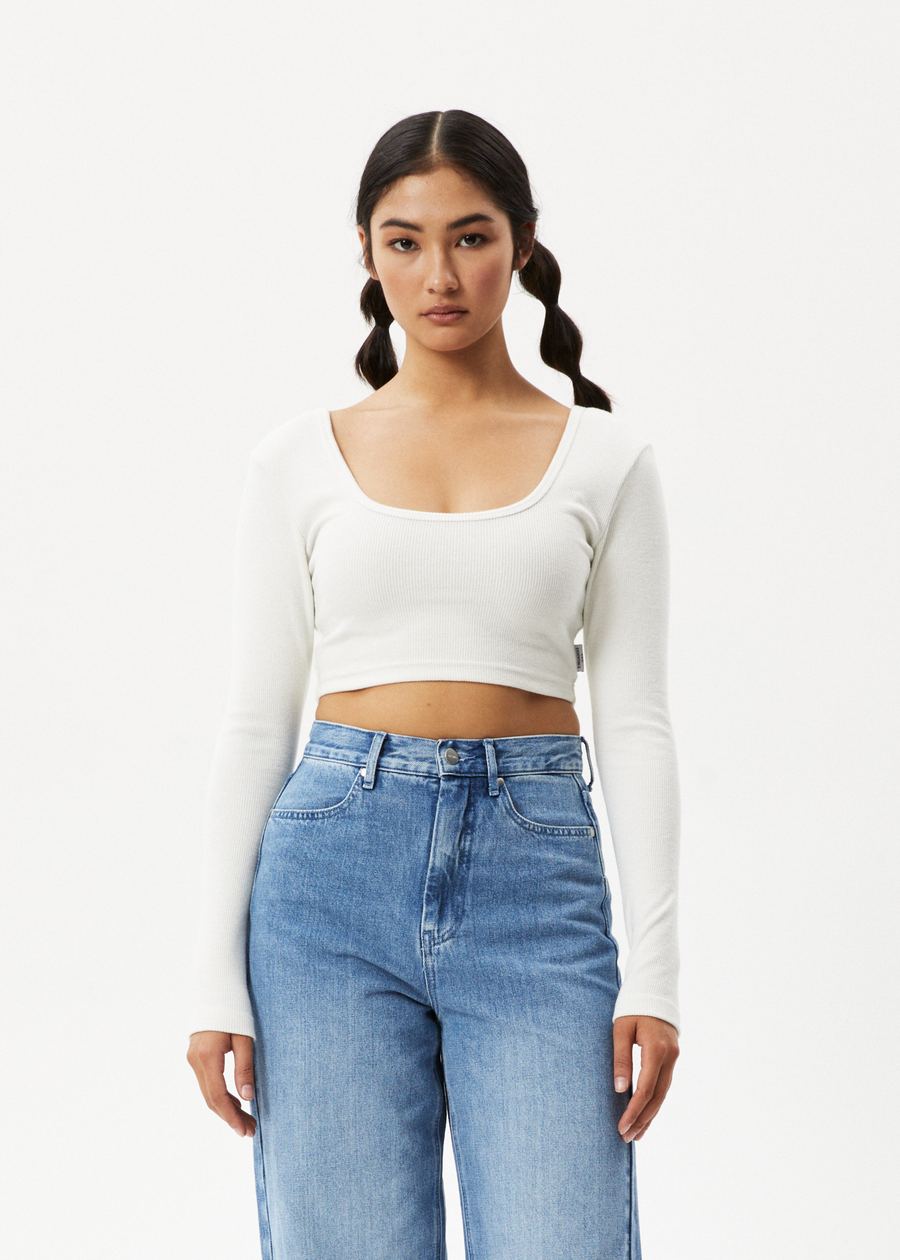 AFENDS Womens Milla - Rib Long Sleeve Cropped Top - Off White