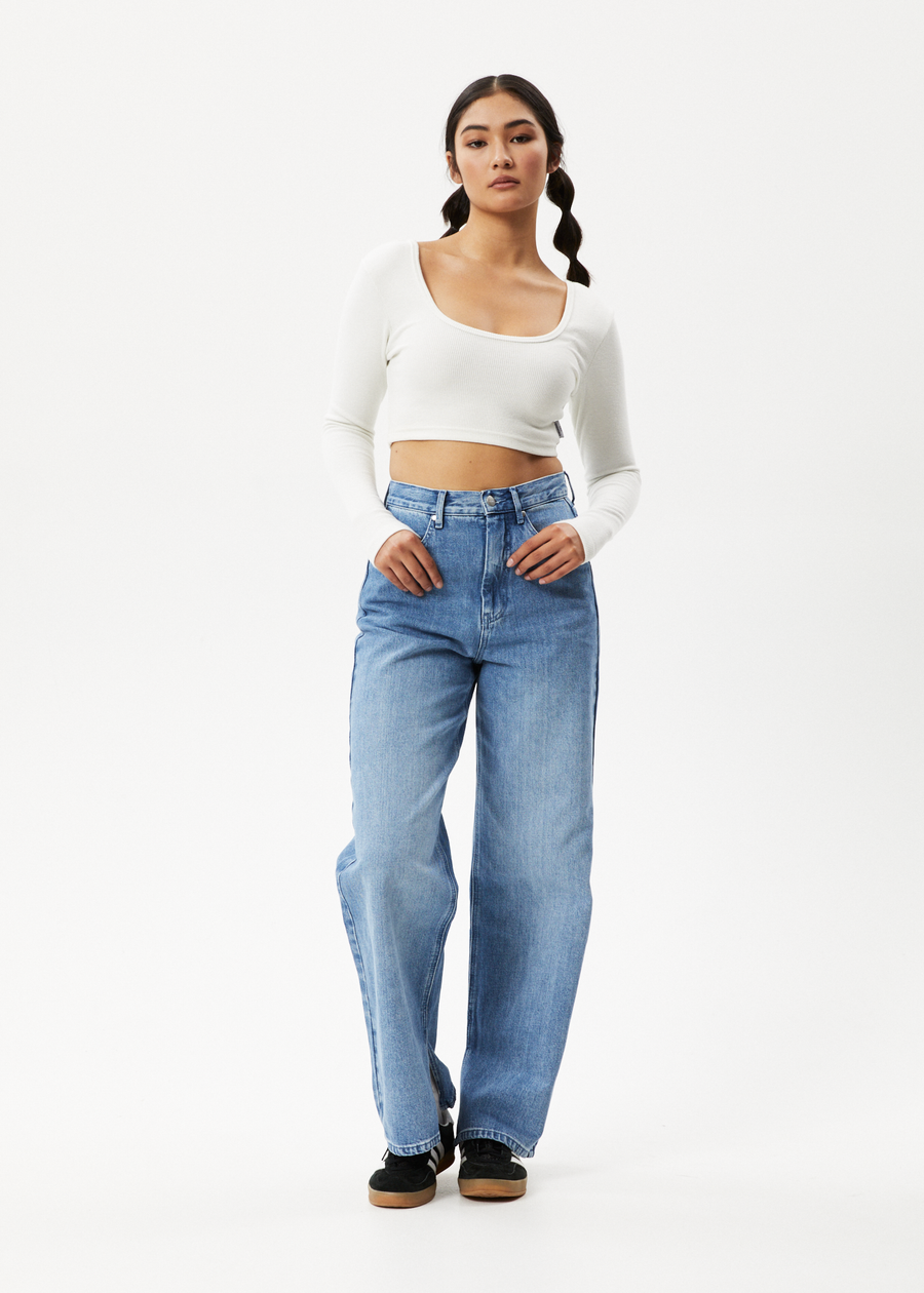 AFENDS Womens Milla - Rib Long Sleeve Cropped Top - Off White