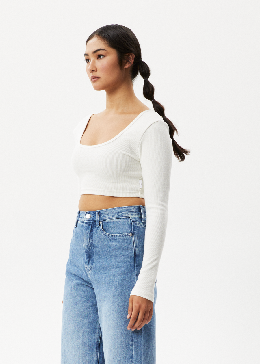 AFENDS Womens Milla - Rib Long Sleeve Cropped Top - Off White