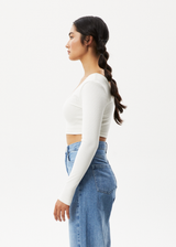 AFENDS Womens Milla - Rib Long Sleeve Cropped Top - Off White - Afends womens milla   rib long sleeve cropped top   off white