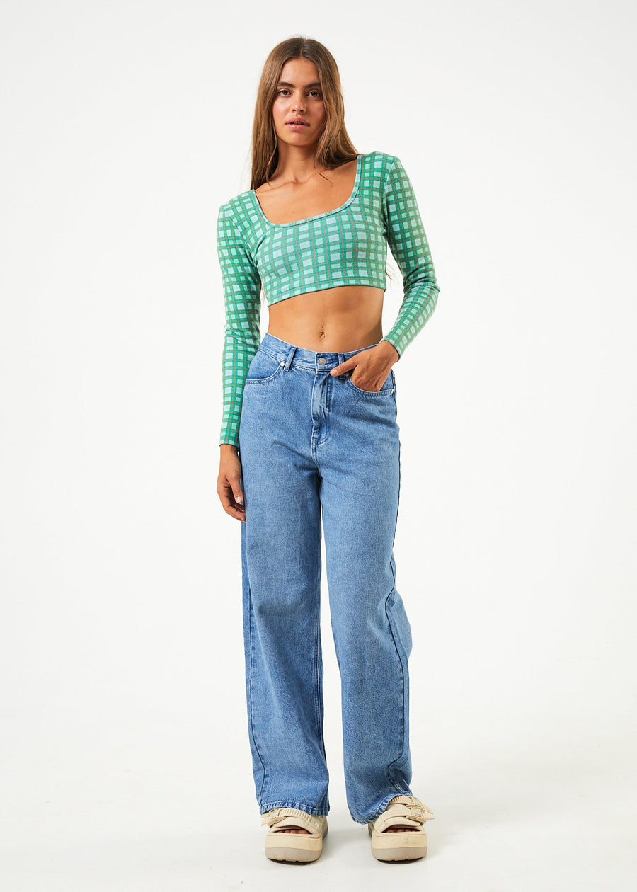 AFENDS Womens Tully - Rib Check Long Sleeve Top - Forest Check