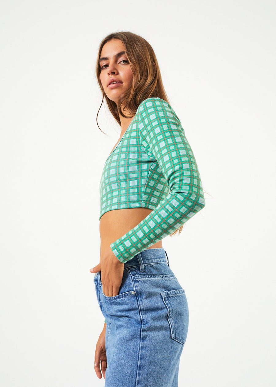 AFENDS Womens Tully - Rib Check Long Sleeve Top - Forest Check