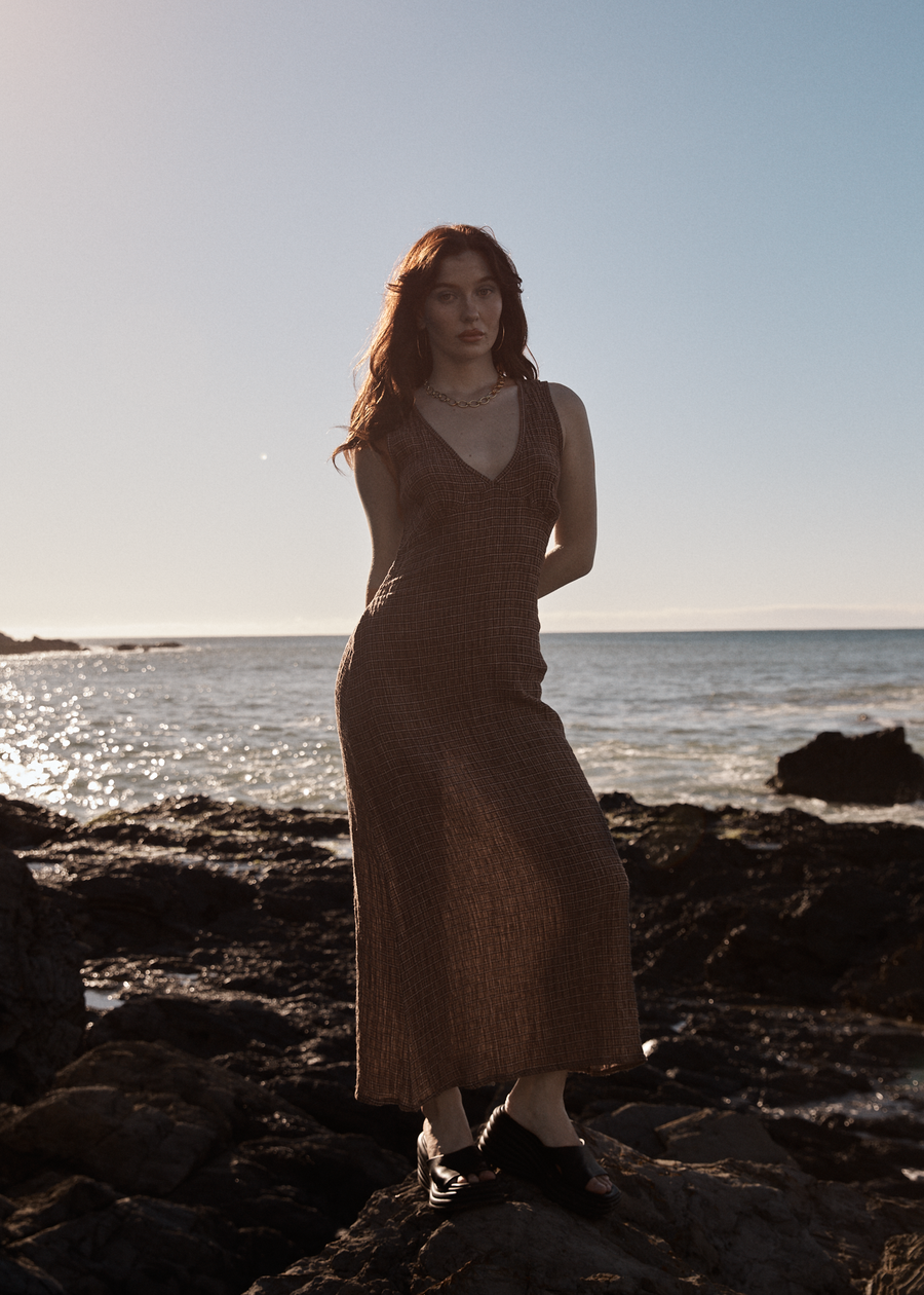 AFENDS Womens Hometown - Seersucker Maxi Dress - Coffee