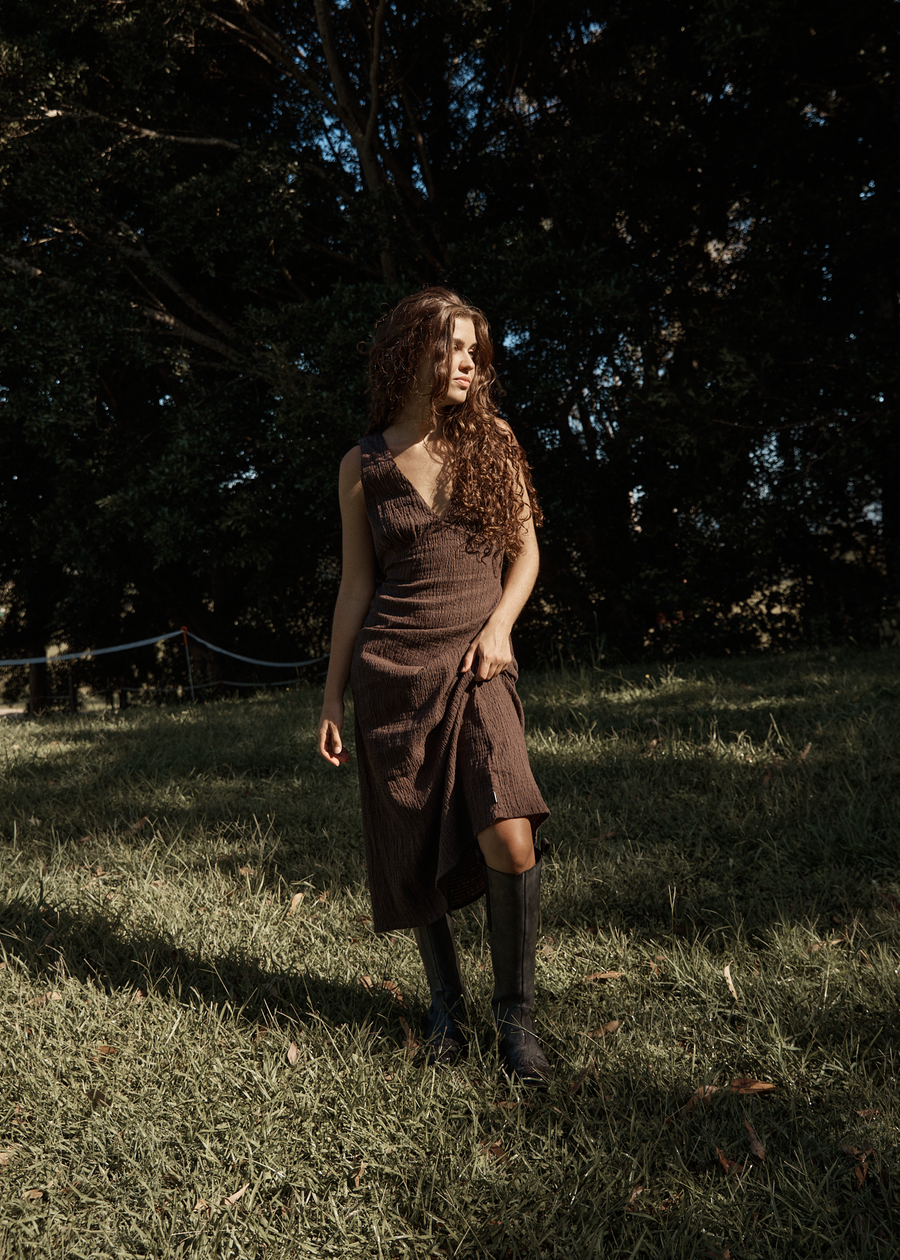 AFENDS Womens Focus - Seersucker Maxi Dress - Coffee