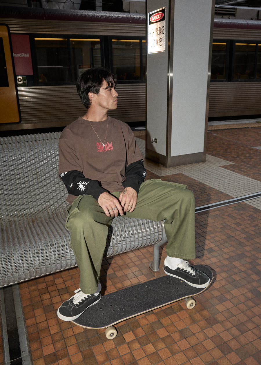 AFENDS Mens Double Trouble - Layered Boxy Tee - Coffee