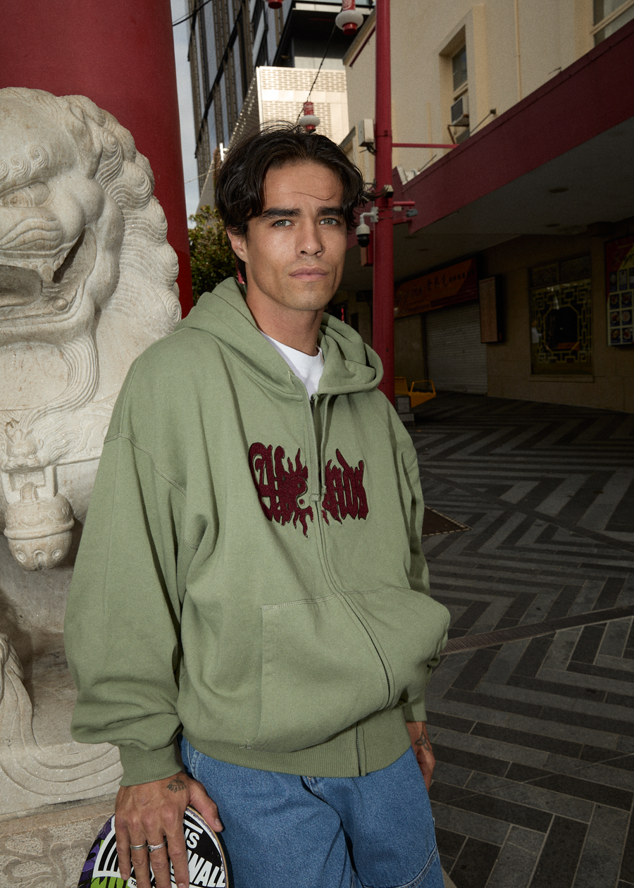 AFENDS Mens Sun Bite - Zip Hood - Oil Green