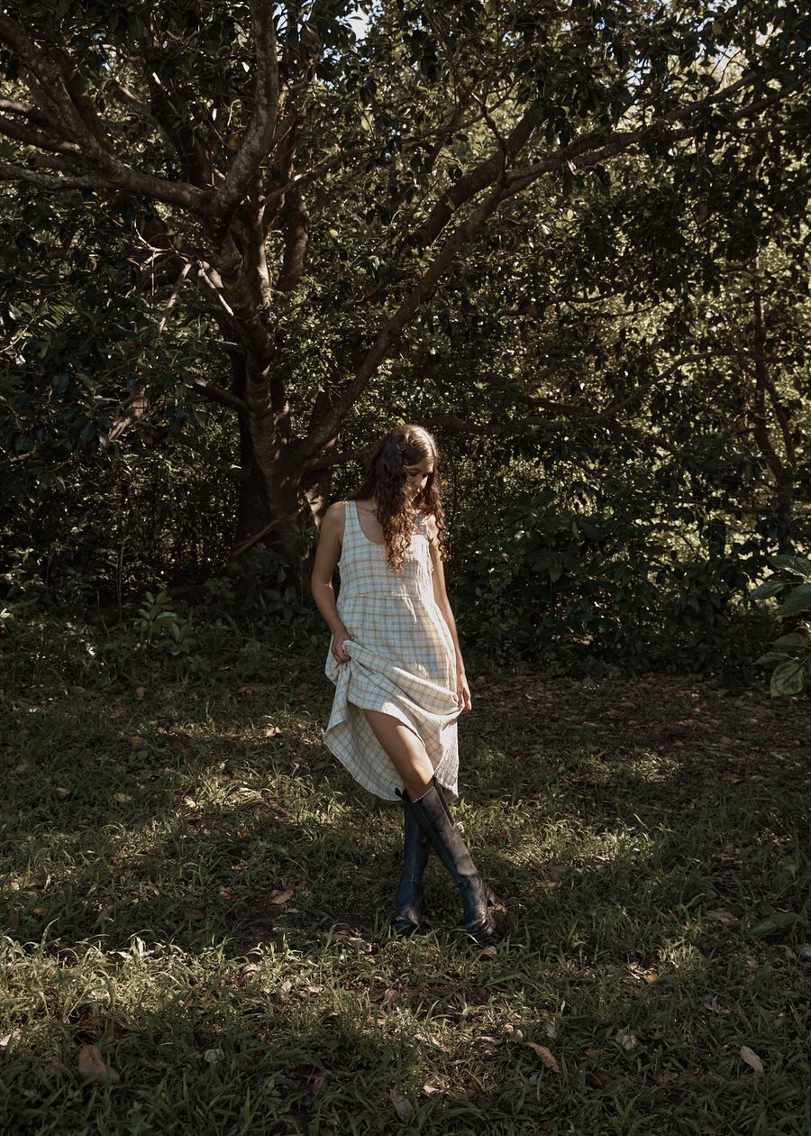 AFENDS Womens Position - Seersucker Midi Dress - Tan Check